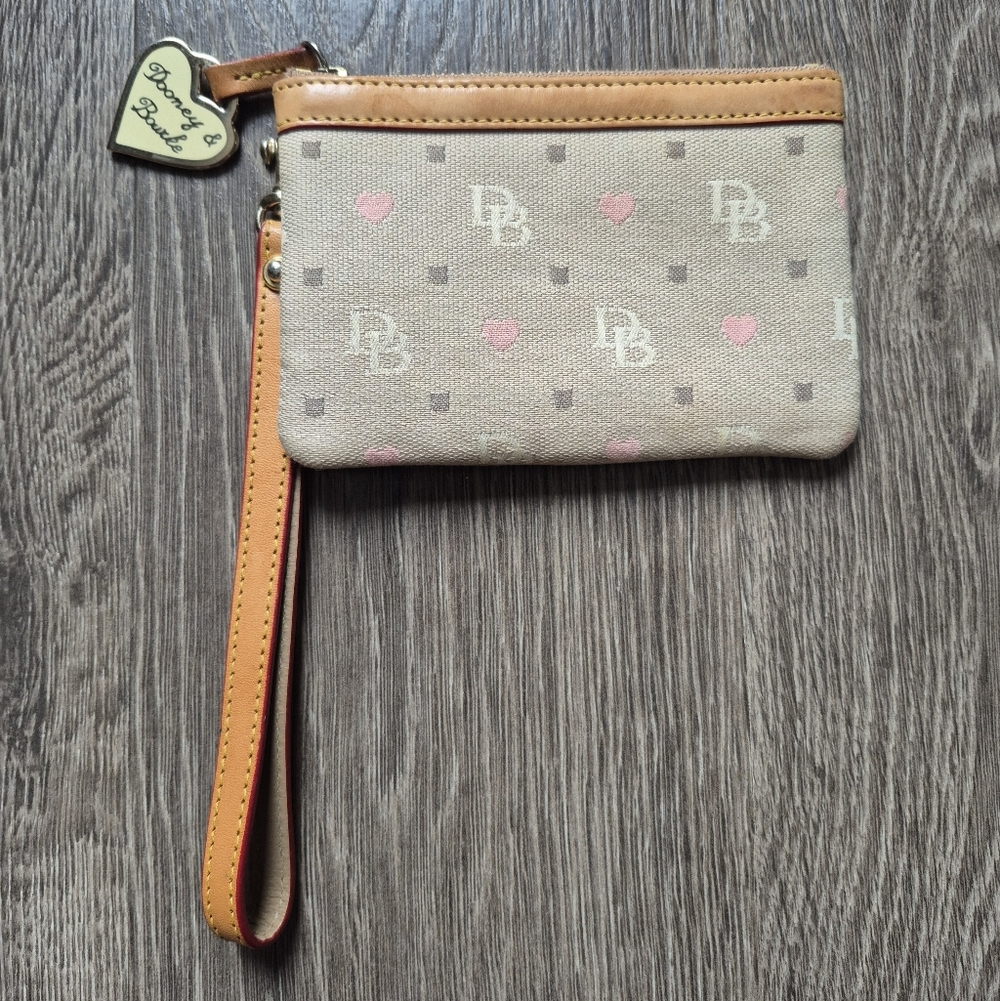 Dooney And Bourke Canvas Wristlet With Leather Trim Strap + Heart Charm Neutral
